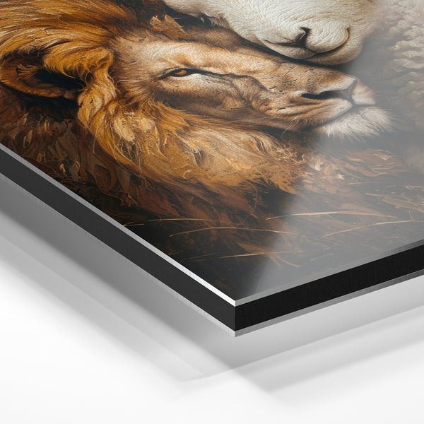 Lion et agneau en harmonie, poésie animalière — Aluminium Dibond relief 3D