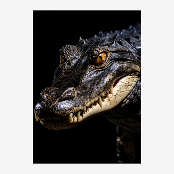 Crocodile noir et or, regard intense – portrait animalier — Toile sur châssis
