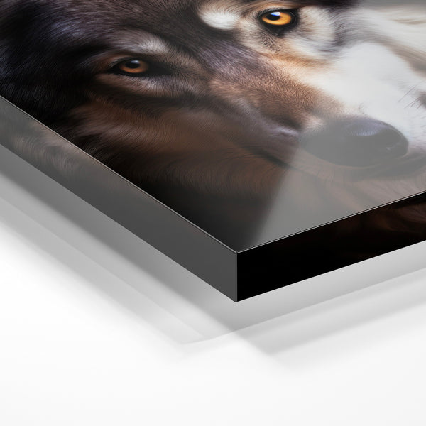 Loup noir et blanc, regard intense et captivant — Verre acrylique