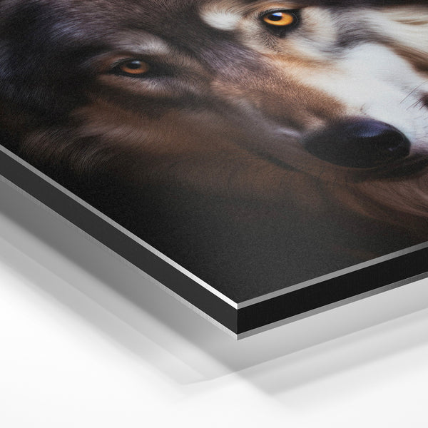 Loup noir et blanc, regard intense et captivant — Aluminium Dibond