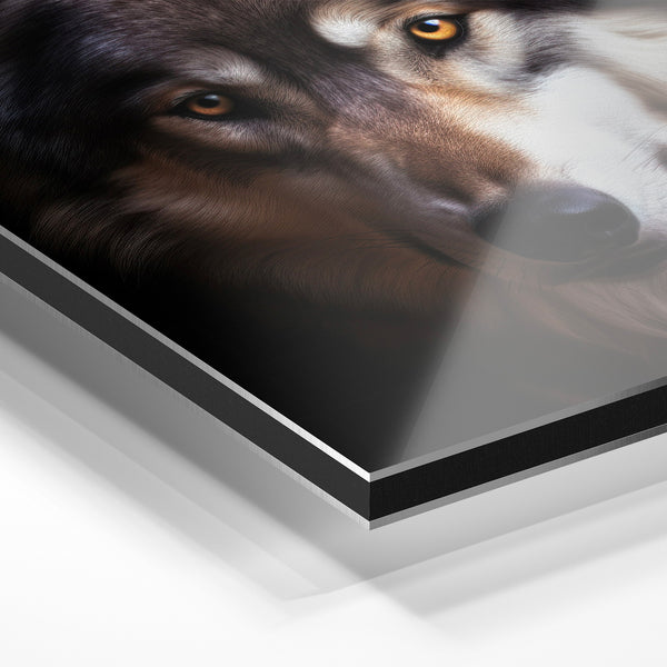 Loup noir et blanc, regard intense et captivant — Aluminium Dibond relief 3D