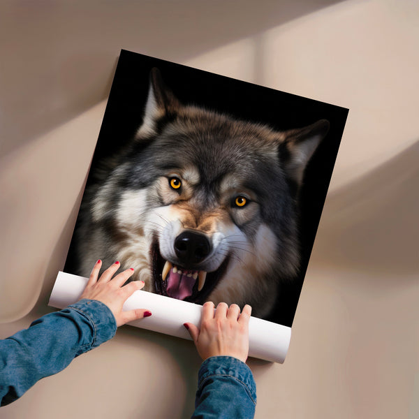 Portrait de loup noir et gris aux yeux dorés — Poster HP mat