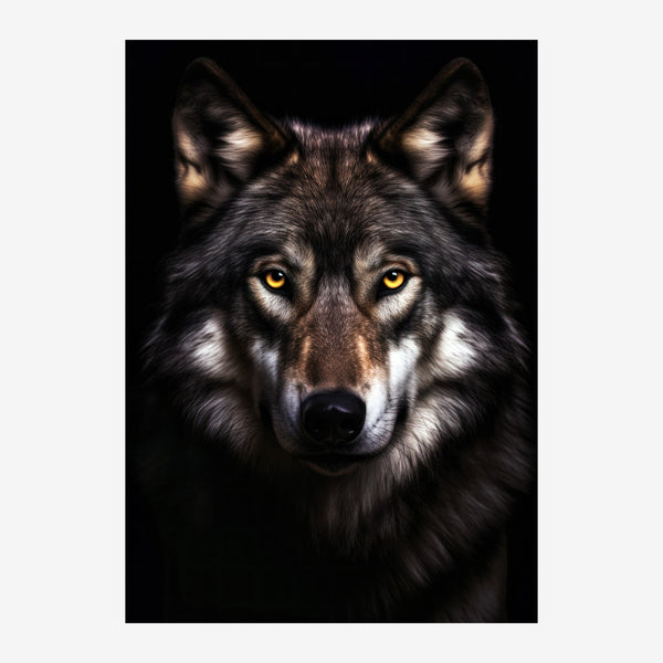 Affiche loup noir aux yeux jaunes, style animalier — Toile sur châssis