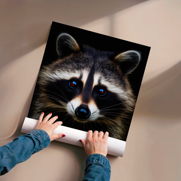 Raton laveur aux yeux bleus, portrait noir et blanc — Poster HP mat