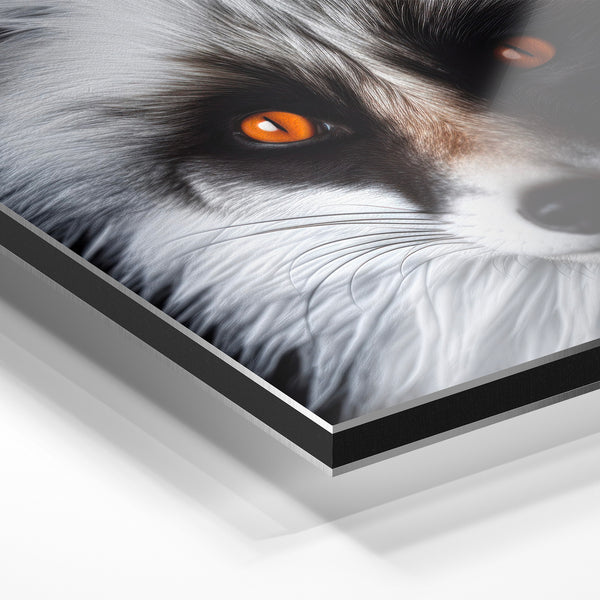 Renard noir et blanc aux yeux ambre ardents — Aluminium Dibond relief 3D