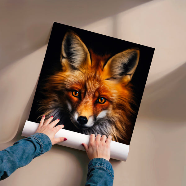 Portrait de renard roux et noir aux yeux dorés — Poster HP mat