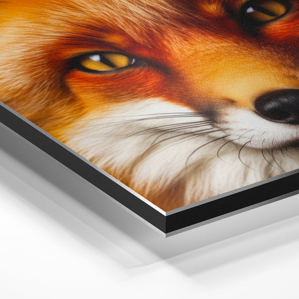 Renard roux face, regard intense et yeux dorés — Aluminium Dibond