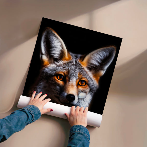 Portrait de renard aux yeux dorés, noir et blanc — Poster HP mat