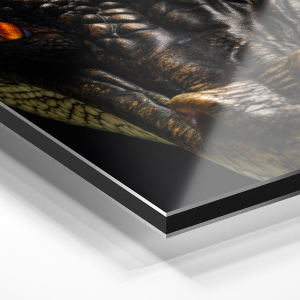 Crocodile regard fixe, portrait noir et or — Aluminium Dibond relief 3D