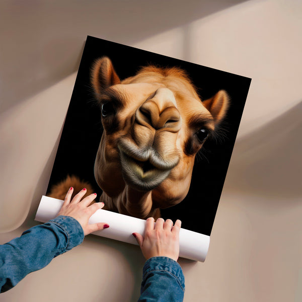 Chameau portrait frontal, noir et caramel — Poster HP mat