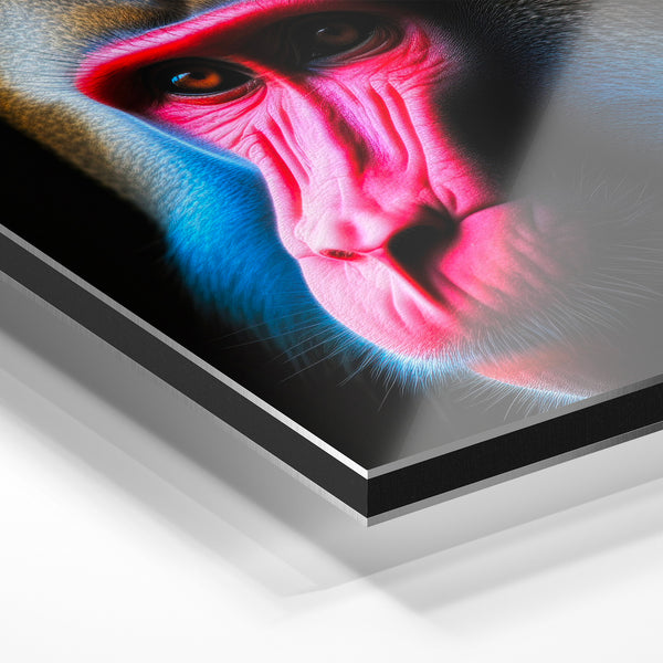 Mandrill néon, portrait animalier noir et rose — Aluminium Dibond relief 3D