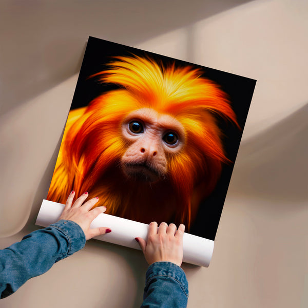 Primate aux yeux bleus, pelage or et noir — Poster HP mat