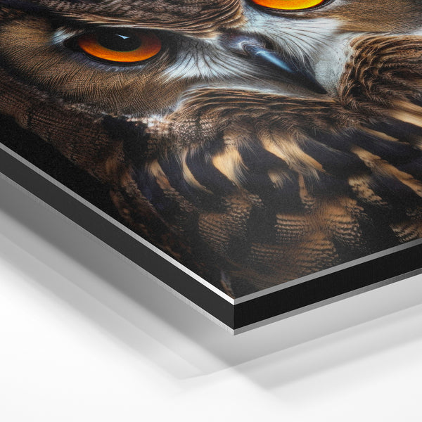 Portrait de hibou aux yeux dorés, noir et beige — Aluminium Dibond