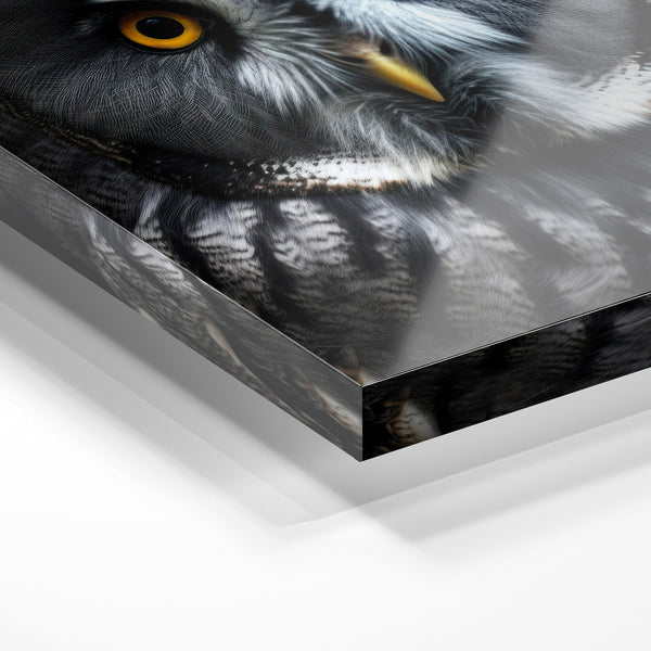 Chouette des bois, noir et blanc, regard perçant — Verre acrylique