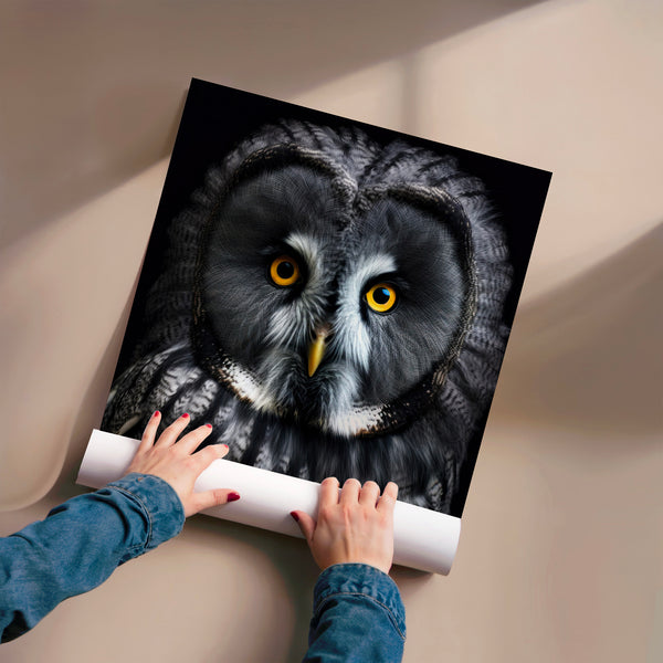Chouette des bois, noir et blanc, regard perçant — Poster HP mat
