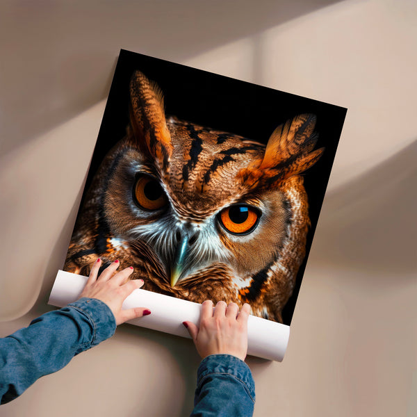 Chouette effraie noir et or, portrait animal — Poster HP mat