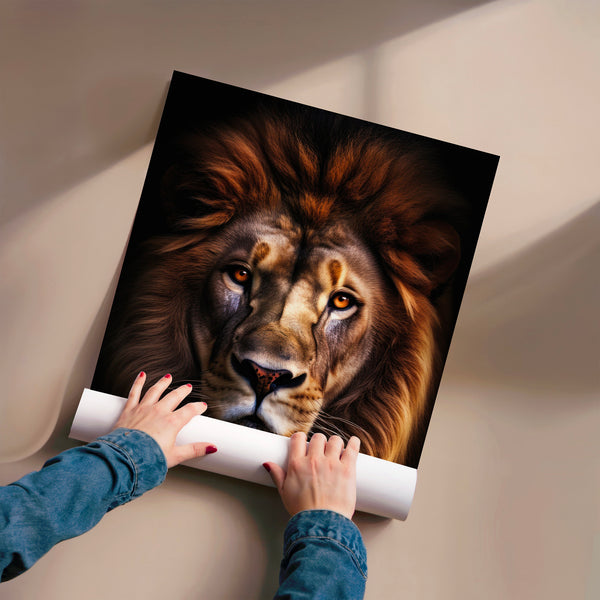 Lion face frontale regard fixe or et brun — Poster HP mat