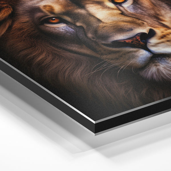 Lion face frontale regard fixe or et brun — Aluminium Dibond