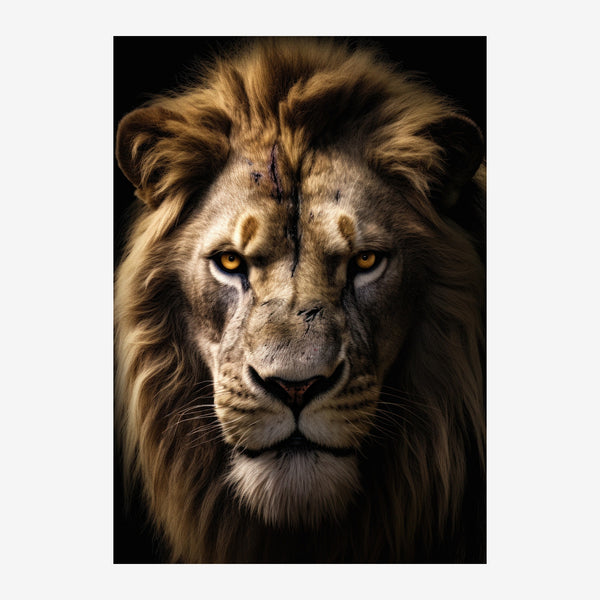Lion crinière dorée, regard frontal noir et or — Toile sur châssis