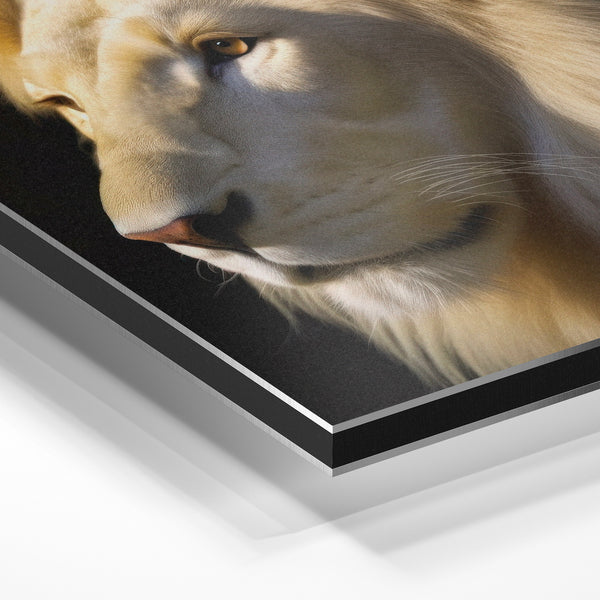 Profil de lion blanc crème, portrait majestueux — Aluminium Dibond