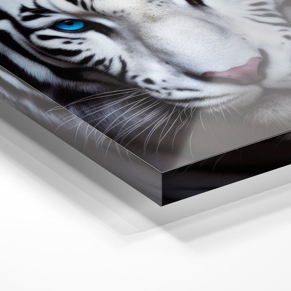 Tigre blanc aux yeux bleus, portrait minimaliste — Verre acrylique