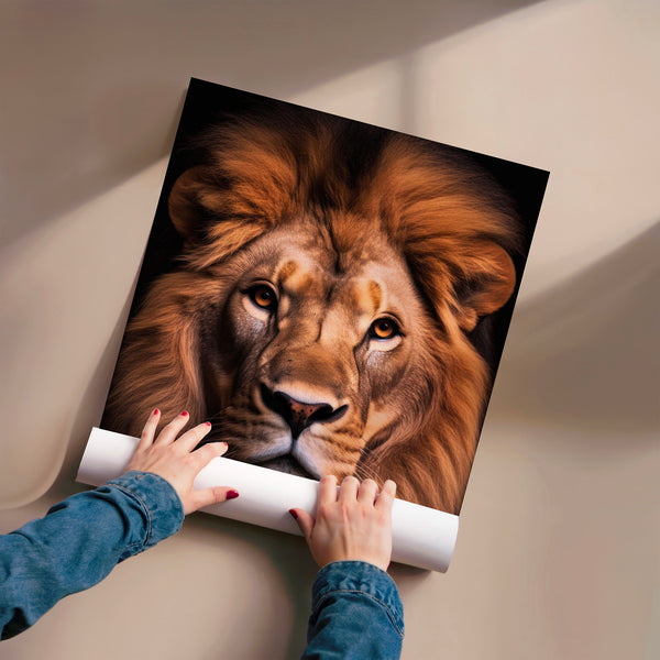 Lion frontal caramel et noir, portrait épuré — Poster HP mat