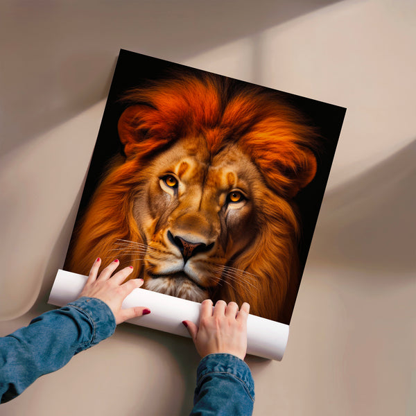 Lion aux yeux d'ambre, portrait frontal or et roux — Poster HP mat