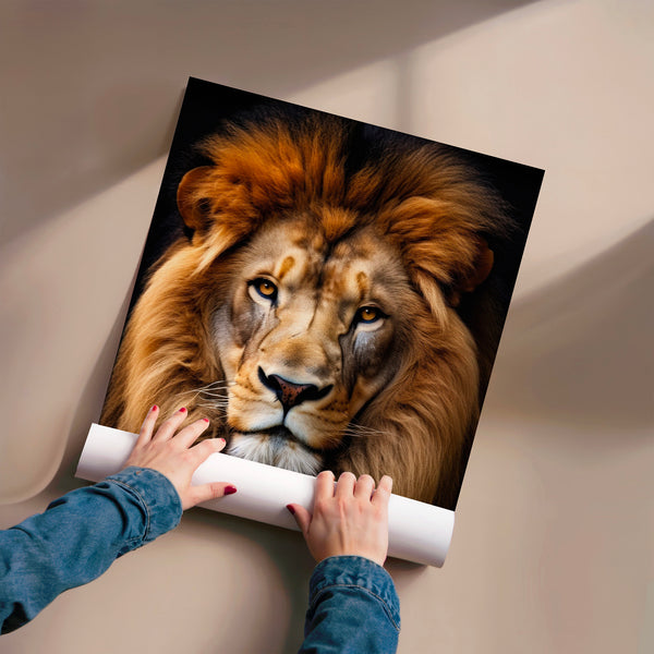 Portrait de lion noir et or, style réaliste — Poster HP mat