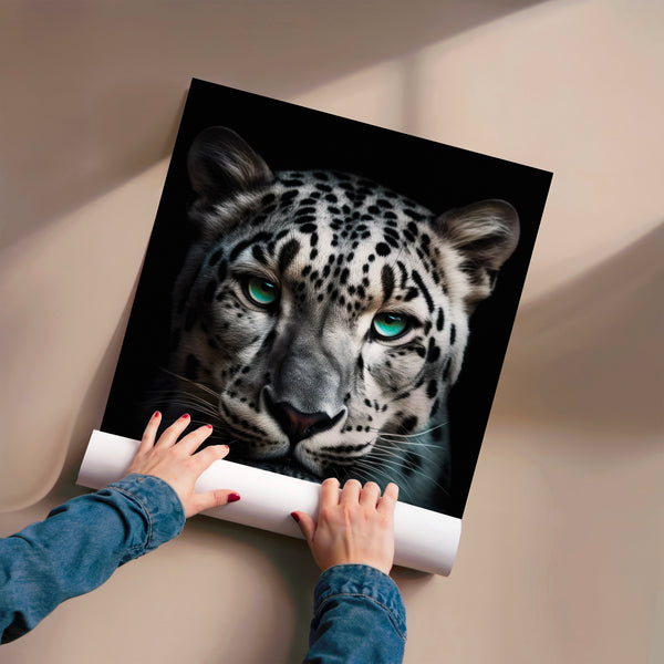 Léopard des neiges noir et blanc aux yeux turquoise — Poster HP mat