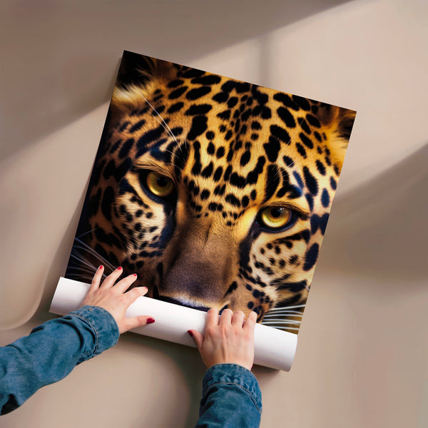 Portrait de léopard aux yeux perçants noir et or — Poster HP mat