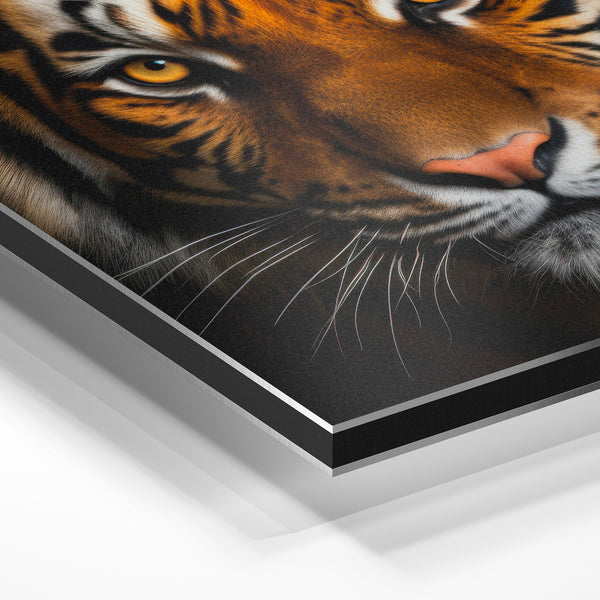 Tigre face avant, rayures orange et noir intense — Aluminium Dibond