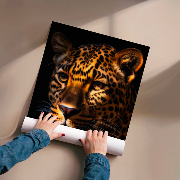 Léopard noir et or, portrait animalier réaliste — Poster HP mat
