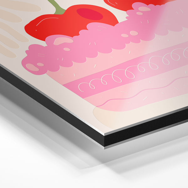 Gâteau rose aux cerises rouges, style Pop Art — Aluminium Dibond relief 3D