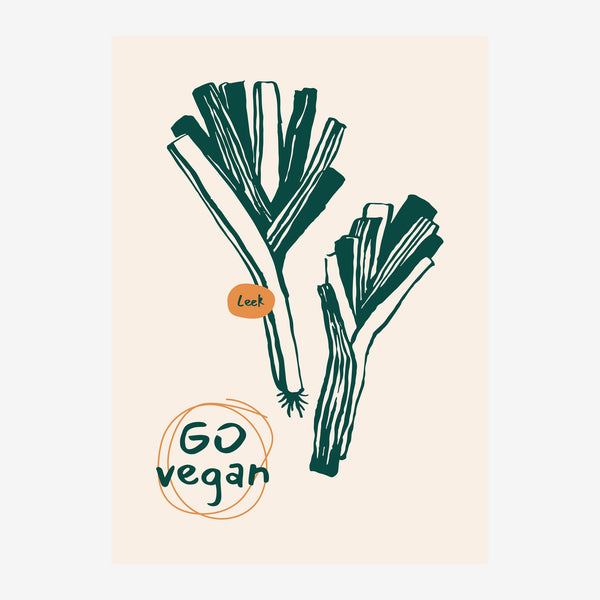 Poireaux et message « Go Vegan » - Line art vert et beige — Toile sur châssis