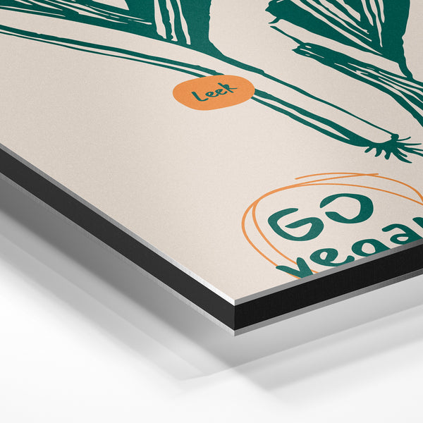 Poireaux et message « Go Vegan » - Line art vert et beige — Aluminium Dibond