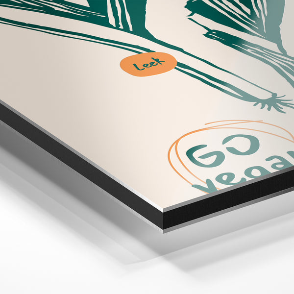 Poireaux et message « Go Vegan » - Line art vert et beige — Aluminium Dibond relief 3D