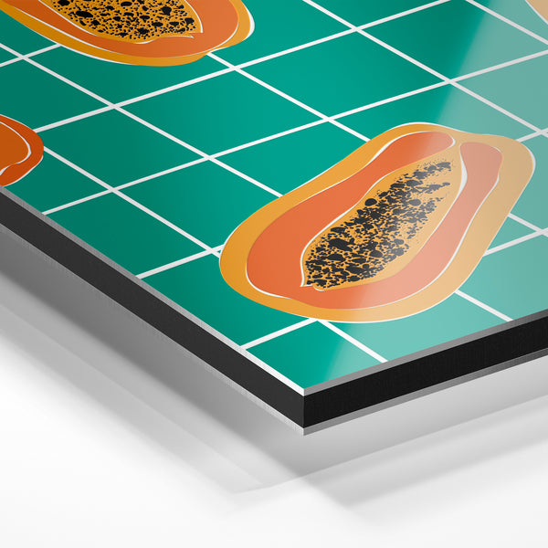 Papayes et grille géométrique, style pop art tropical — Aluminium Dibond relief 3D