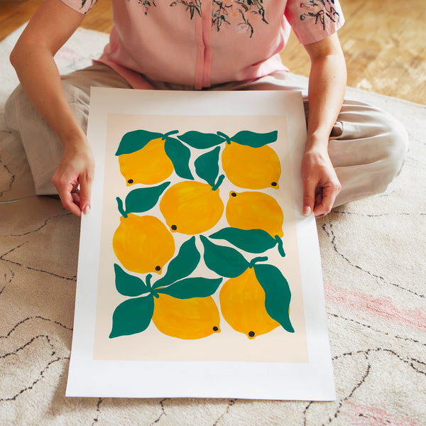 Citrons jaunes et feuilles vertes, style botanique — Poster HP mat