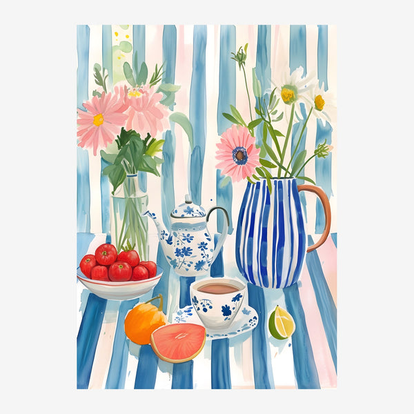 Bouquets et fruits rose poudré bleu ciel — Toile sur châssis