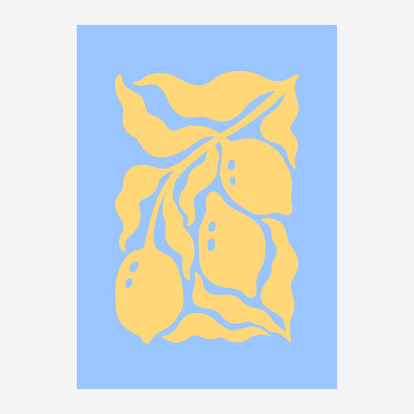 Citrons et feuillages, affiche botanique bleu et jaune — Toile sur châssis