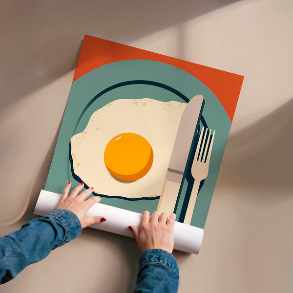 Œuf au plat rétro, affiche épurée orange et gris — Poster HP mat