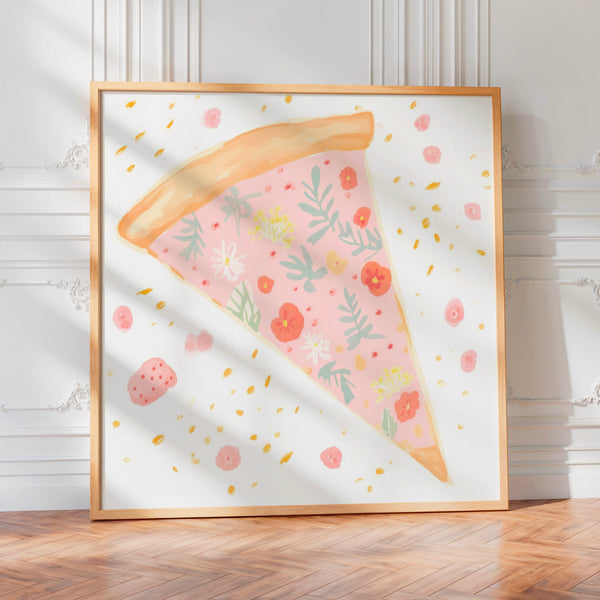 Slice de Pizza Fleurie – Illustration Rose Pastel — Poster HP mat