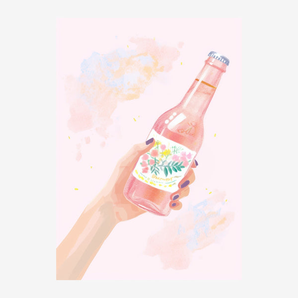 Bouteille rose à la main, affiche tendance — Toile sur châssis