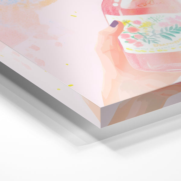 Bouteille rose à la main, affiche tendance — Verre acrylique