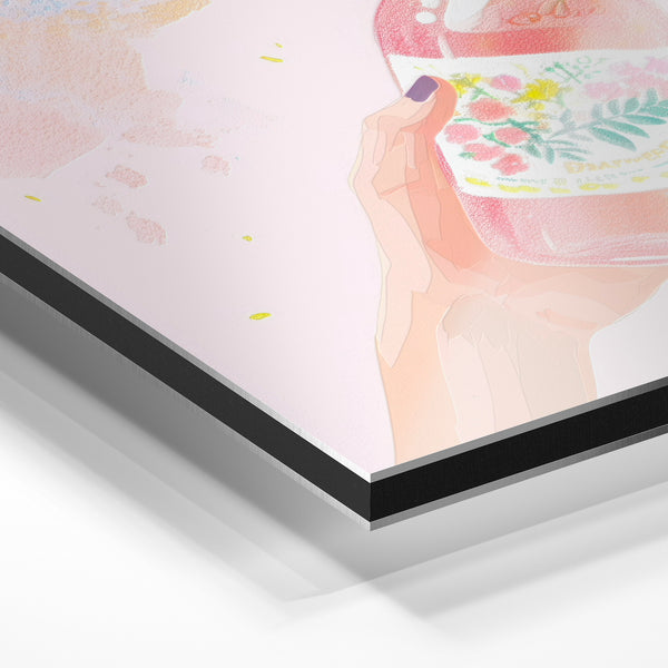 Bouteille rose à la main, affiche tendance — Aluminium Dibond relief 3D