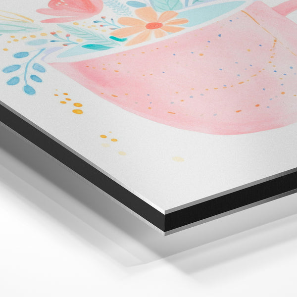 Tasse rose avec fleurs et feuillages pastels — Aluminium Dibond