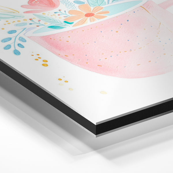 Tasse rose avec fleurs et feuillages pastels — Aluminium Dibond relief 3D