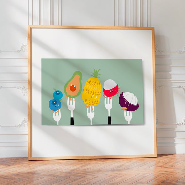 Fruits et fourchettes, pop art vert pastel — Poster HP mat