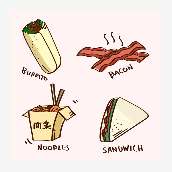 Quatre mets : burrito, bacon, nouilles et sandwich — Toile sur châssis