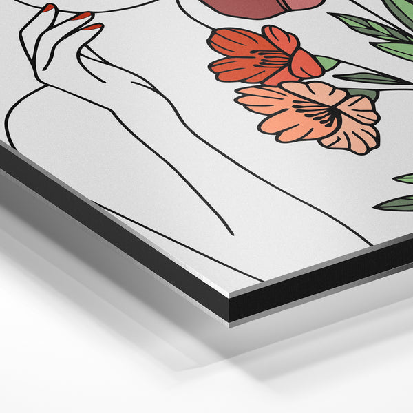 Main et fleurs roses en line art minimaliste — Aluminium Dibond